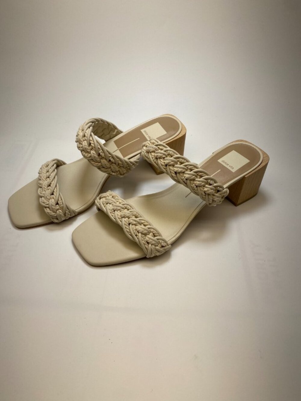 Dolce Vita Womens Block Zabina Braided Cream Square Toe Heel Sandals Sz 11